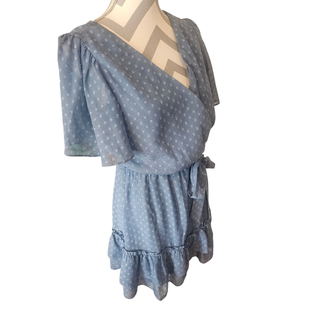 Dusty Blue Swiss Dot Faux-Wrap Mini Dress Flutter Sleeves & Tiered Ruffle Hem